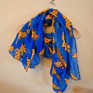 Blue Multifaceted Wonder Woman Light Scarf with Yellow WW Symbol.